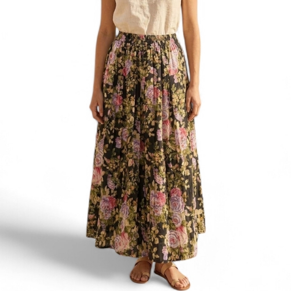 Vintage-Style Floral Rose Pleated Midi Skirt | Whimsigoth